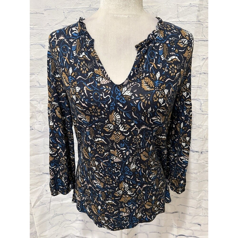 LOFT Ann Taylor Top Navy Floral Print Ruffle V Neck Stretch Top Blouse Small